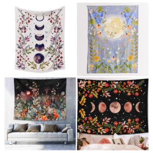 Psychedelic decorative flower wall with stars and moonlight