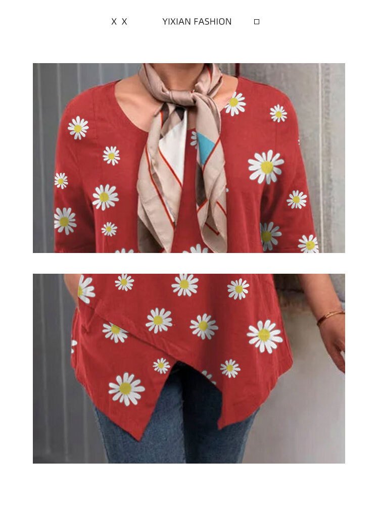 Daisy Floral Printed Sleeve Round Neck Shirt