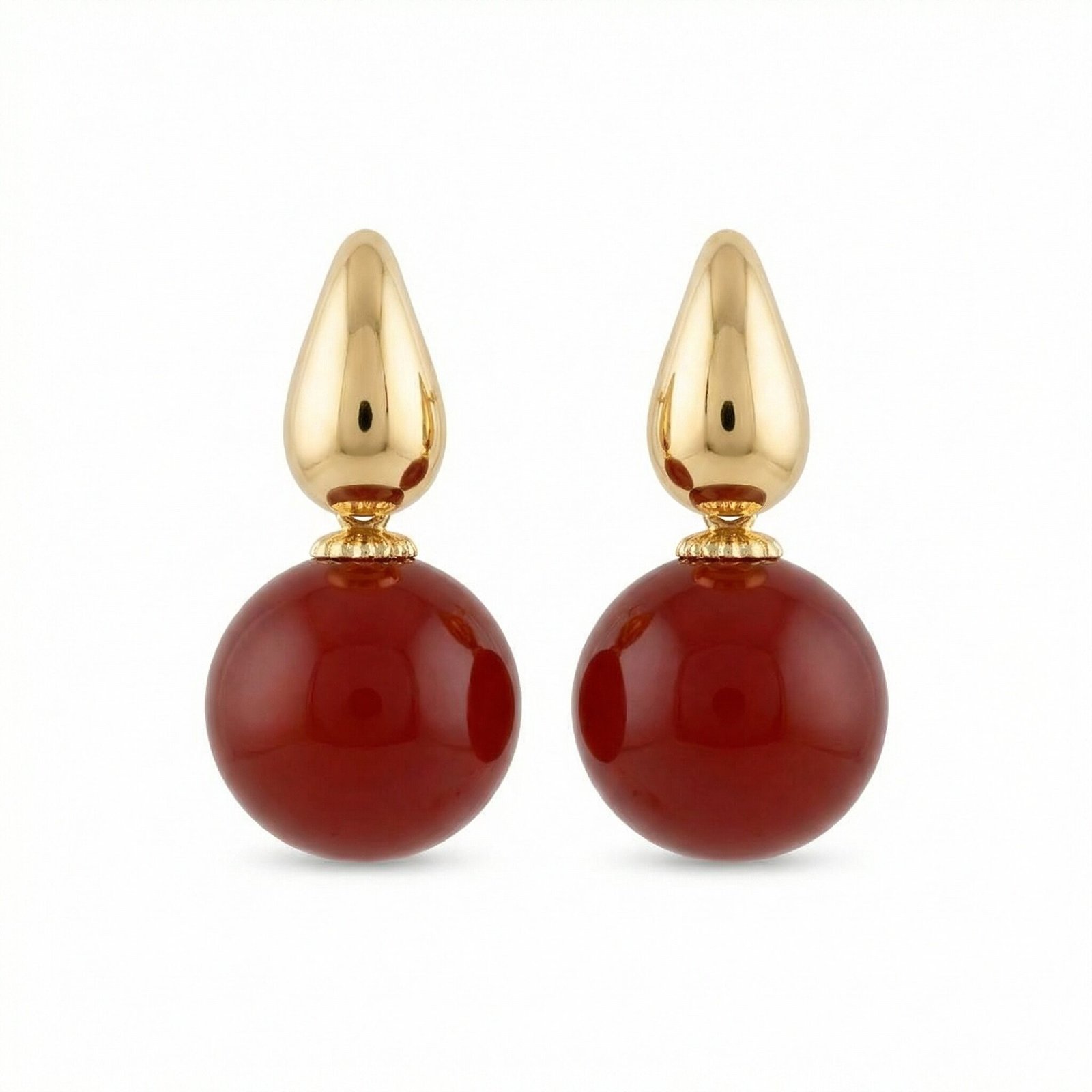 925 Sterling Silver Elegant Red Carnelian Sphere and Polished Metallic Teardrop Drop Earrings - Image 2