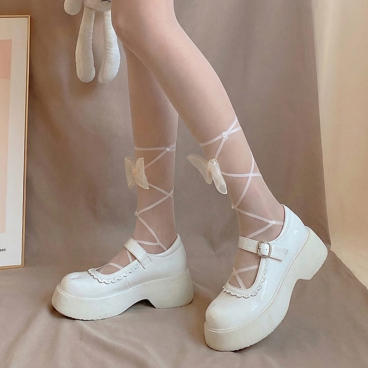 Lolita Pure Desire Style Calf Bandage Socks, Bow Japanese Style Silk Stockings For Women, Lolita Sexy Versatile Bottoming Socks - Image 3