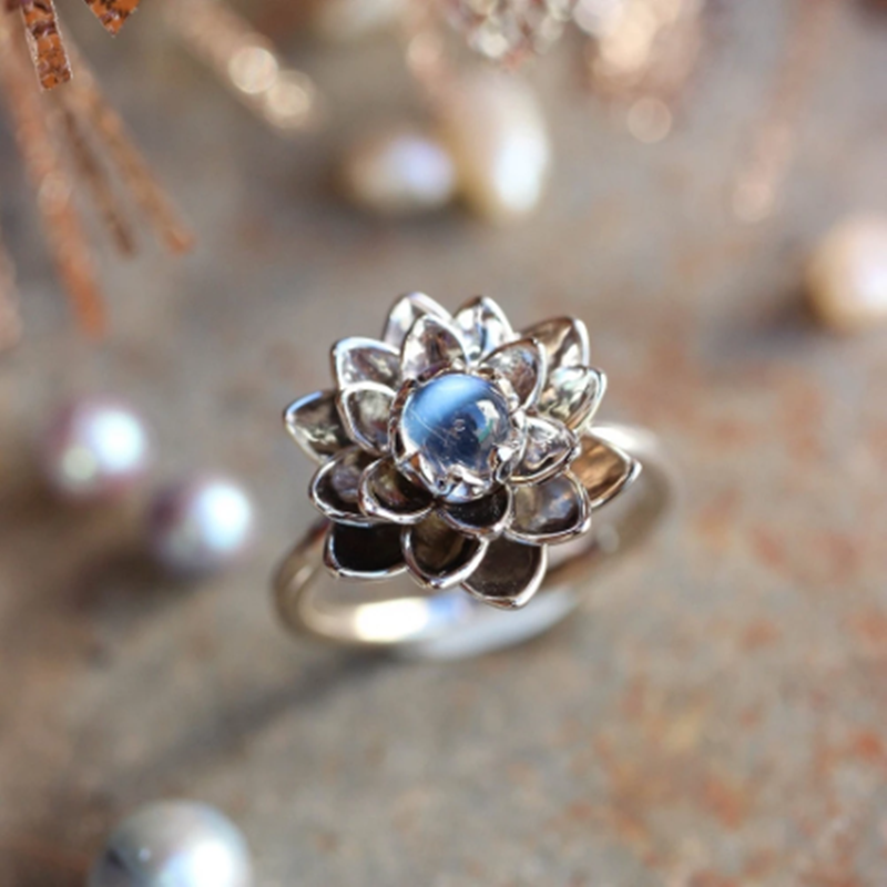 Moonstone White Lotus Ring Crystal Rhinestone - Image 3