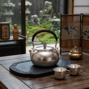 925 Sterling Silver Hand-Hammered Sterling Silver Teapot with Woven Handle and Floral Knob - Handicraft