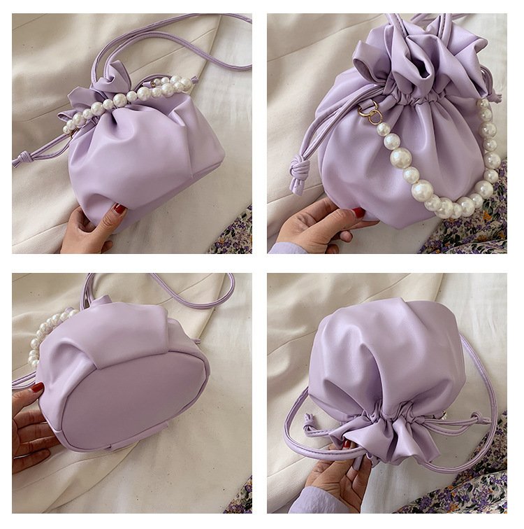 Pleated Drawstring Bucket Bag Solid Color PU Female - Image 4