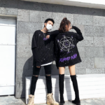 Autumn country tide high street dark black loose oversize round neck sweater men and women hip hop printed fake
