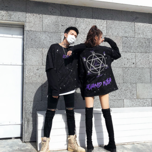 Autumn country tide high street dark black loose oversize round neck sweater men and women hip hop printed fake two-piece sweater