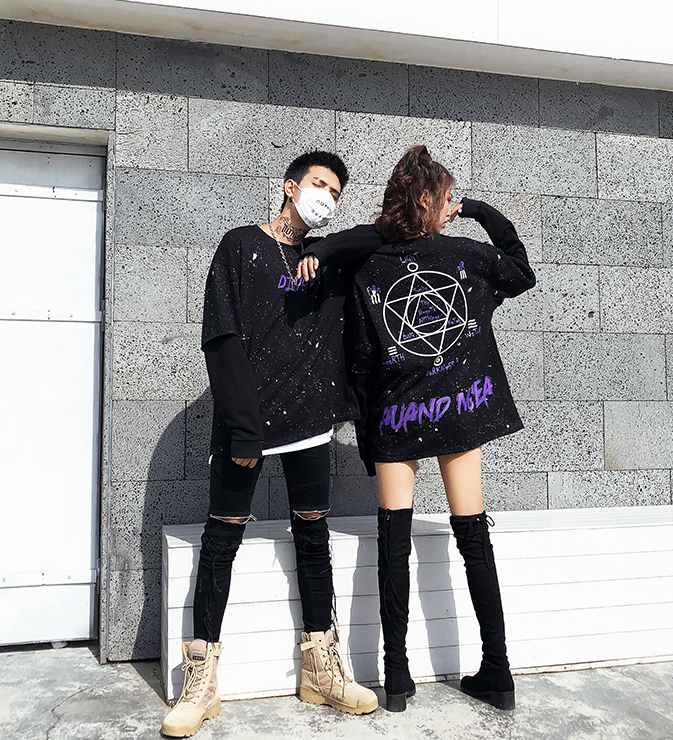 Autumn country tide high street dark black loose oversize round neck sweater men and women hip hop printed fake two-piece sweater