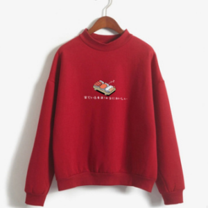 Sushi Printed Round Collar Fleeced Sweatershirt
