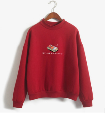 Sushi Printed Round Collar Fleeced Sweatershirt