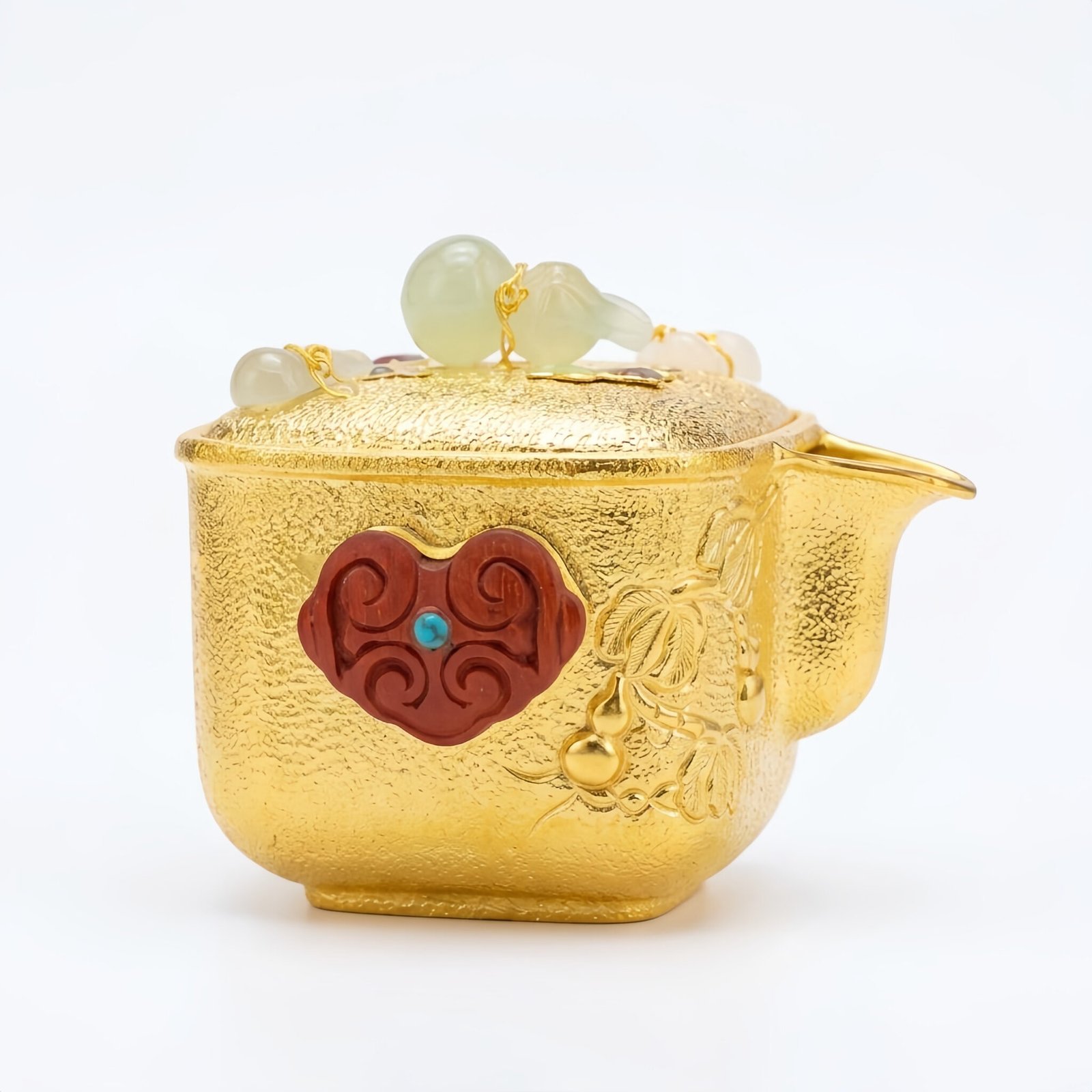 Pure 999 Fine Silver Handcrafted Gilt Square Teapot Featuring Jade Gourd Finials and Carved Cinnabar Ruyi Ornament - Handicraft - Image 3