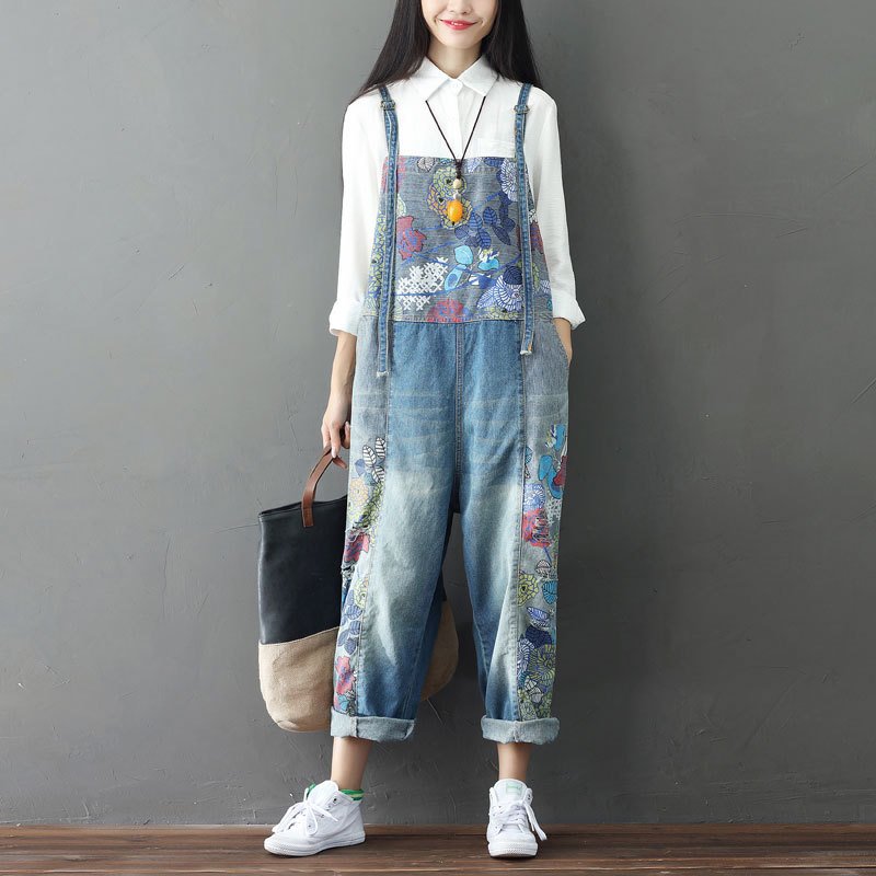 Stitched jeans large size printed suspender bib - Image 4
