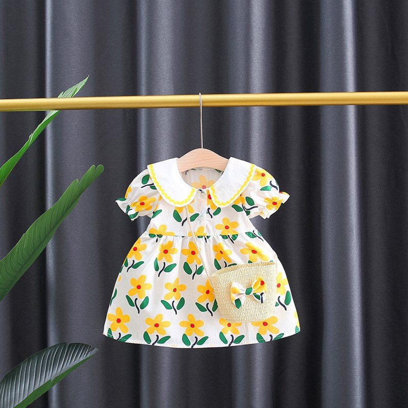Summer New Style Full Of Small Flowers Cotton Dress Girls Korean Style Dress Get Bow Bamboo Basket Bag - Image 3