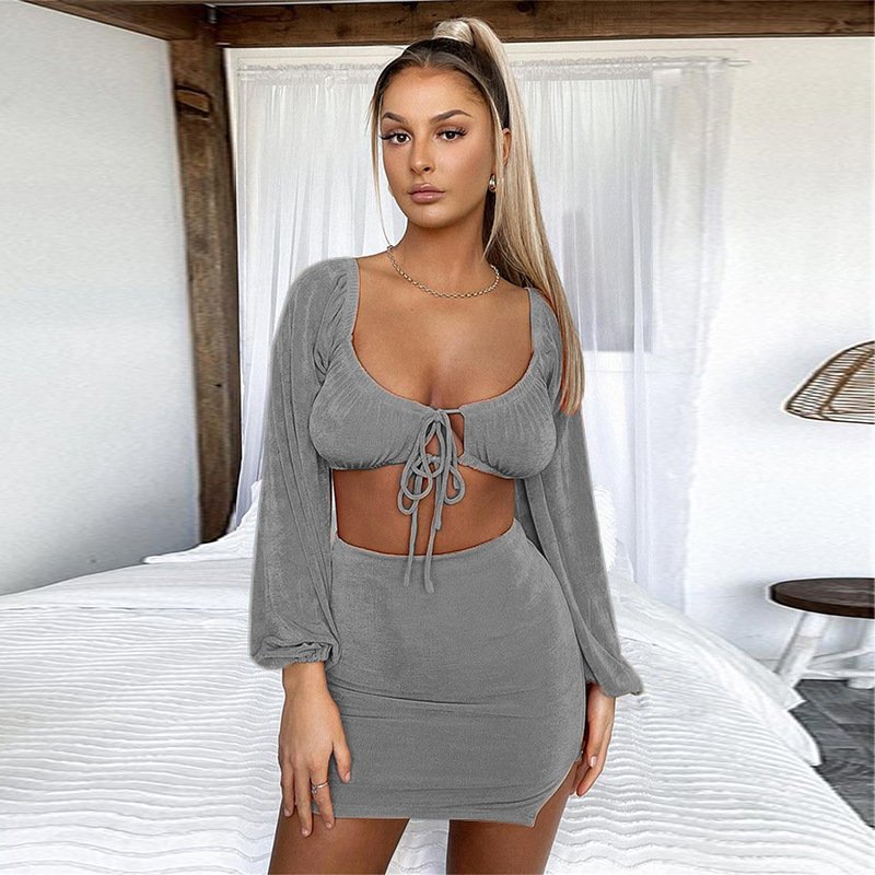 Women's Two Piece Square Neck Tie Long Sleeve Cropped Top - Image 2