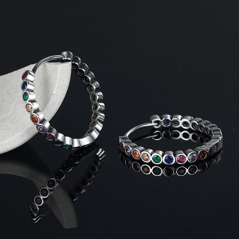 S925 Sterling Silver Large Circle Colorful Zircon Earrings Female - Image 2