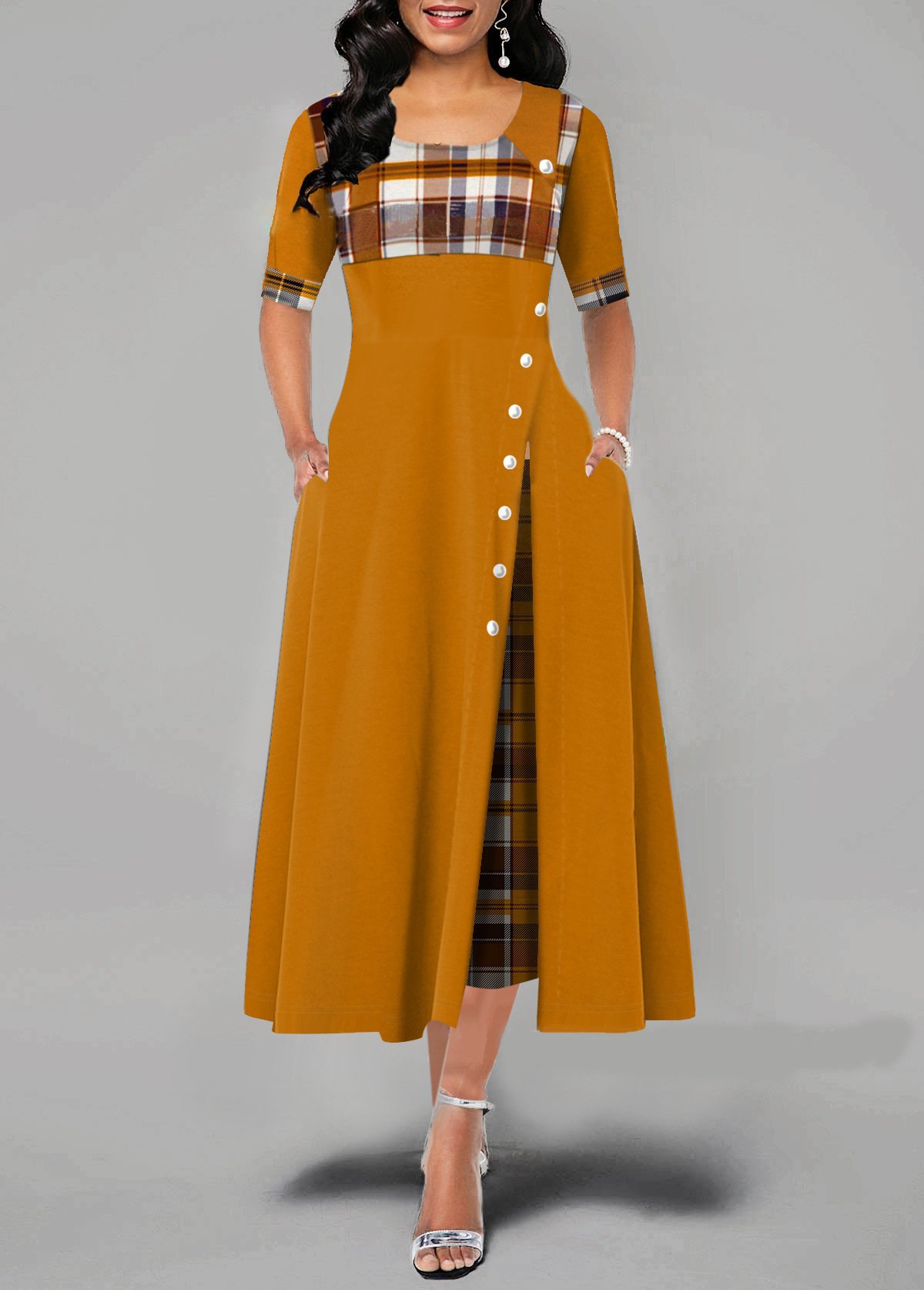 Women's Round Neck Contrast Mid Sleeve Irregular Long Dress - Image 5