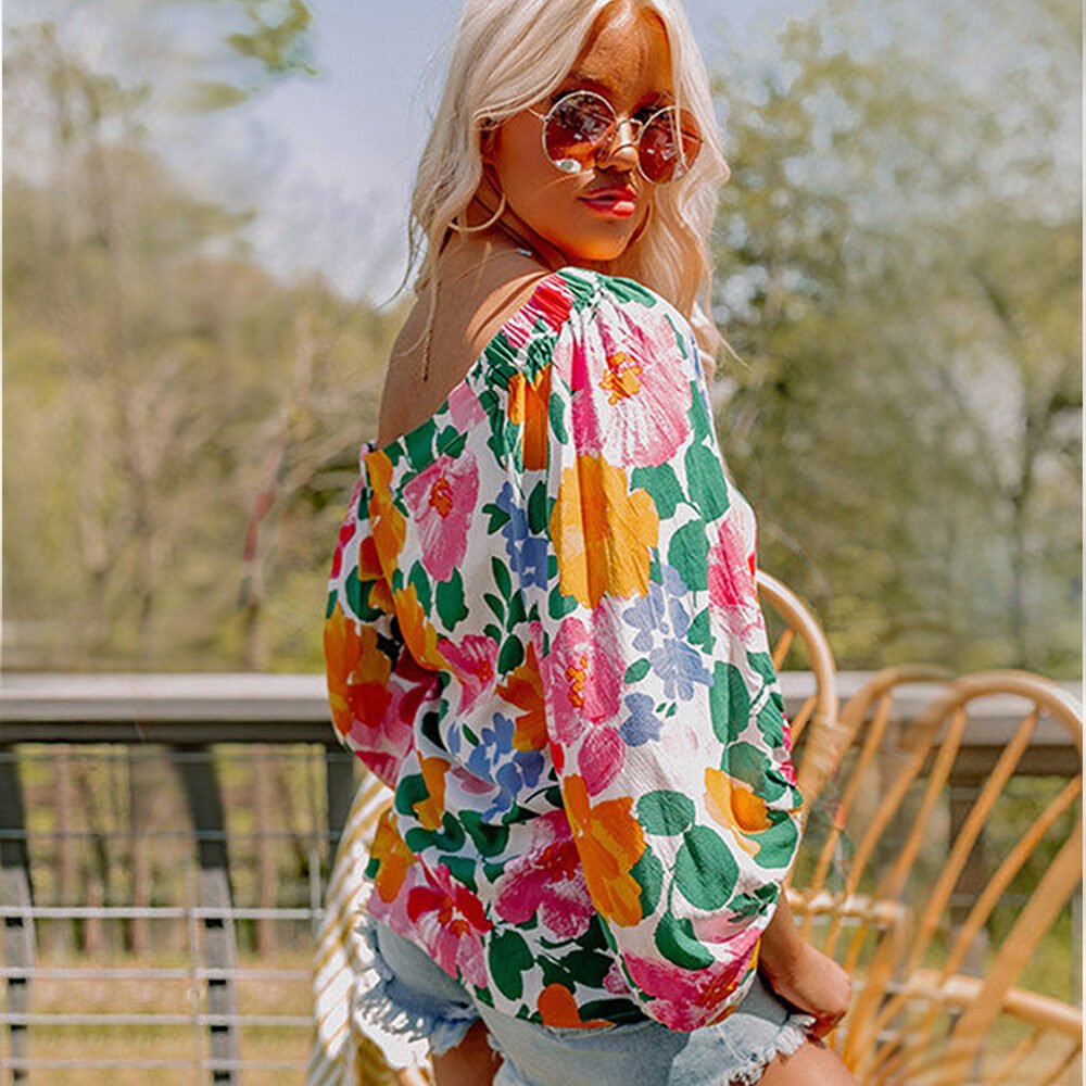 Women's Printed Slanted Shoulder Long Sleeve Loose Casual Top T-Shirt - Image 2