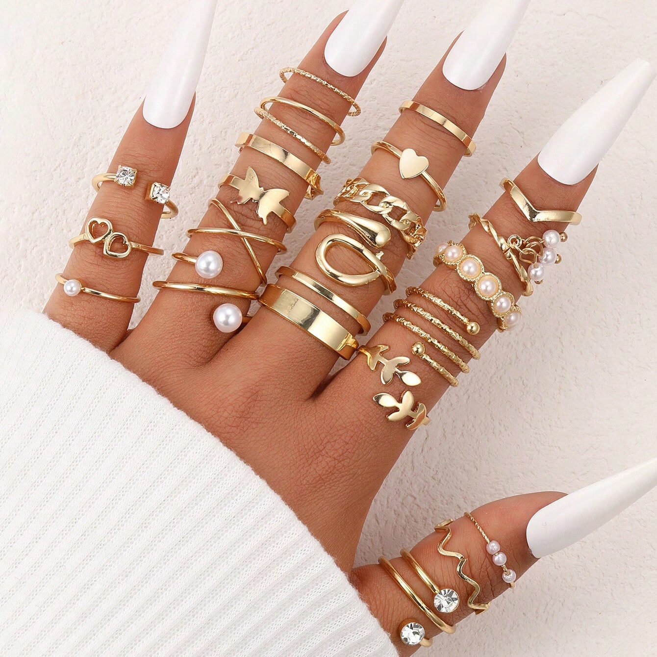Hollow Heart Geometric Butterfly Leaf Ring Suit - Image 11