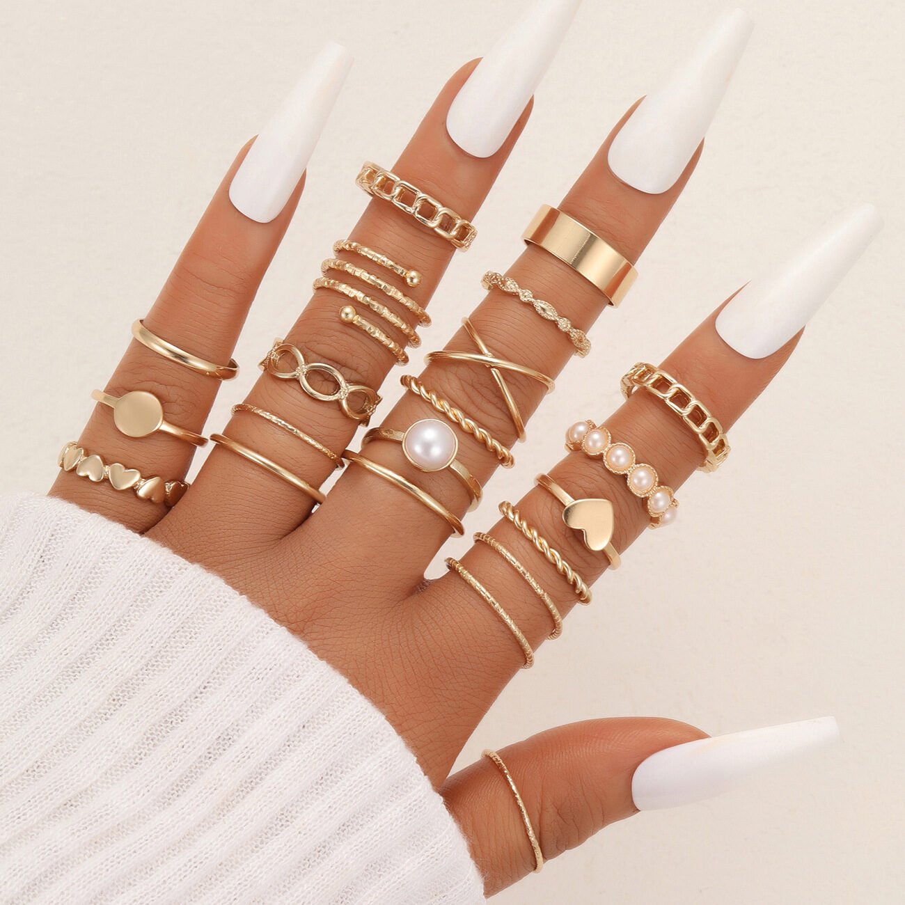Hollow Heart Geometric Butterfly Leaf Ring Suit - Image 20