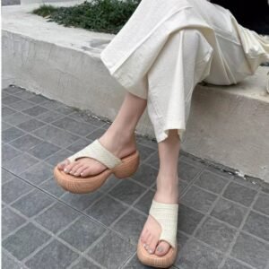 Women's Vacation Style Braided Straw Block Heel Thong Roman Sandals, Platform Height Increasing Toe Wrap Slide Sandals
