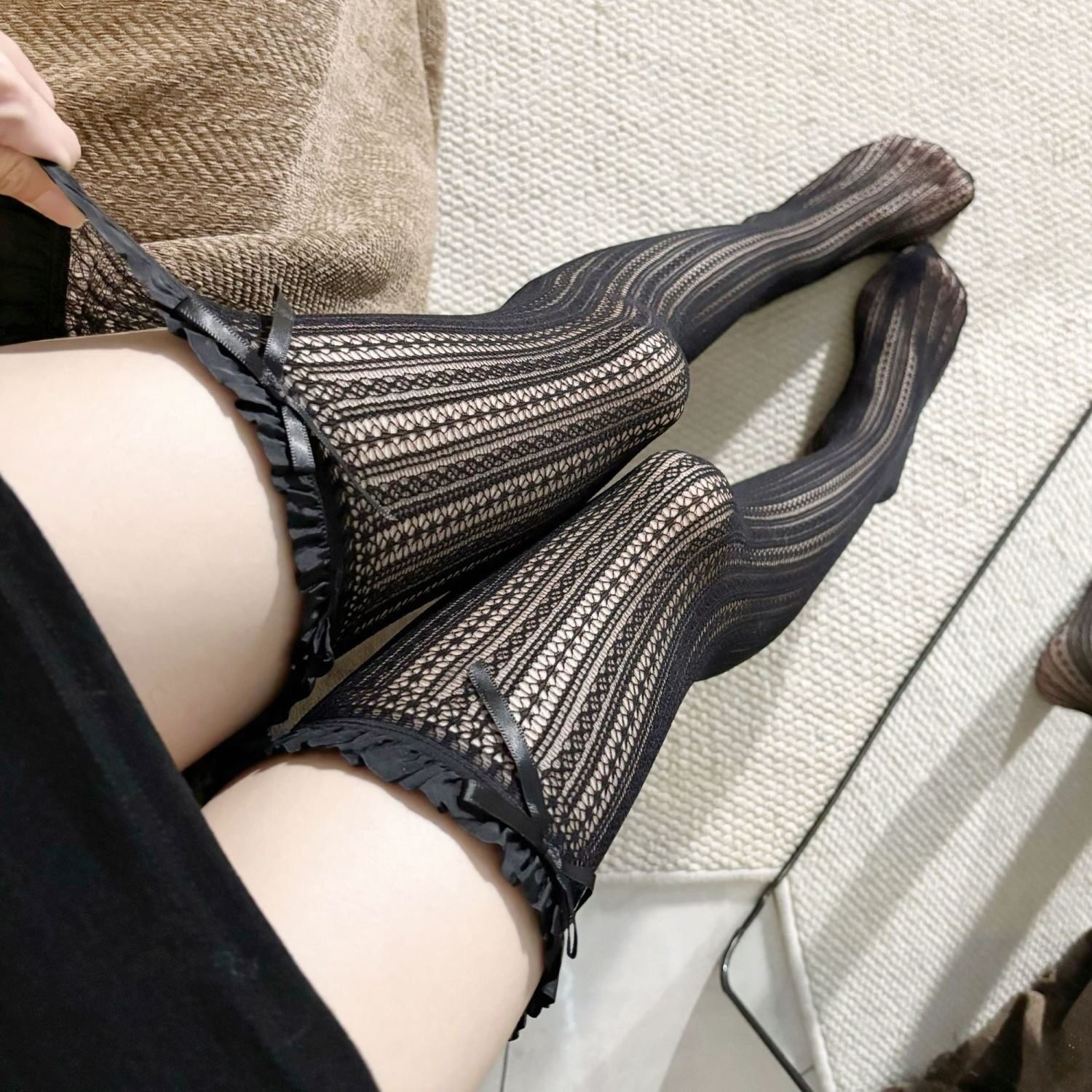 Women Lace Bow Knee High Socks, Japanese JK Hollow Mesh Slouch Socks, Pure Desire Style, Spring Summer - Image 5