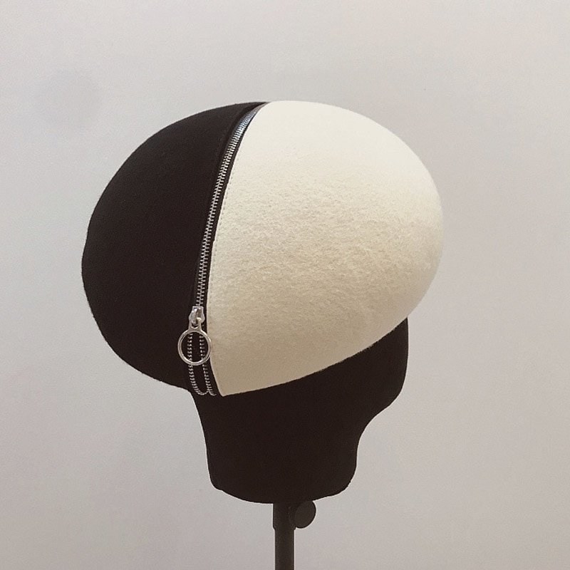 Black and white wool felt hat with zipper and beret - Image 2