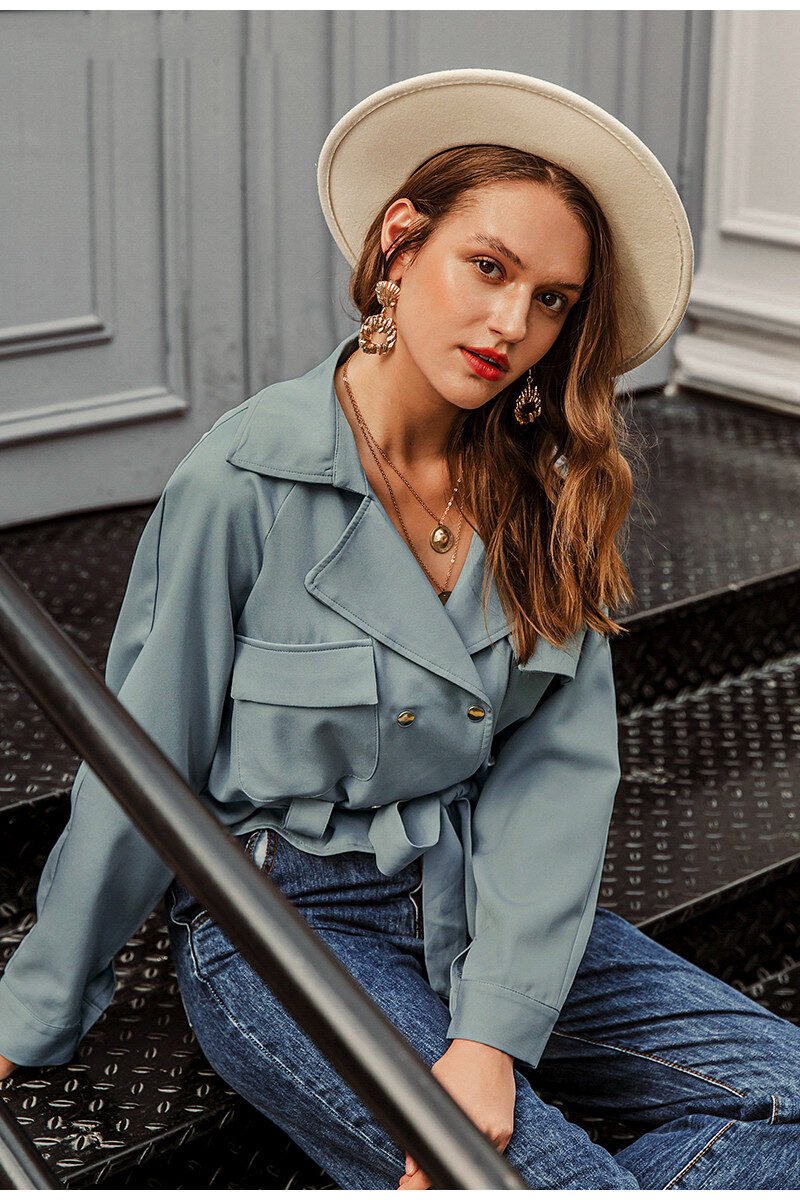 Women's lapel solid color pockets waist slimming jacket women casual jacket - Image 2