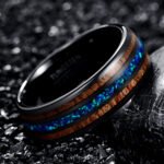 8mm Wide Black Two Acacia Wood Sapphire Blue Opal Tungsten Steel Ring