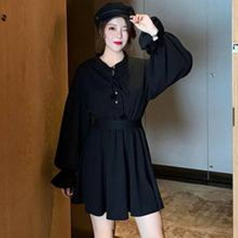 Puff sleeve girl looks thin and super fairy and fluffy little black dress - Image 3