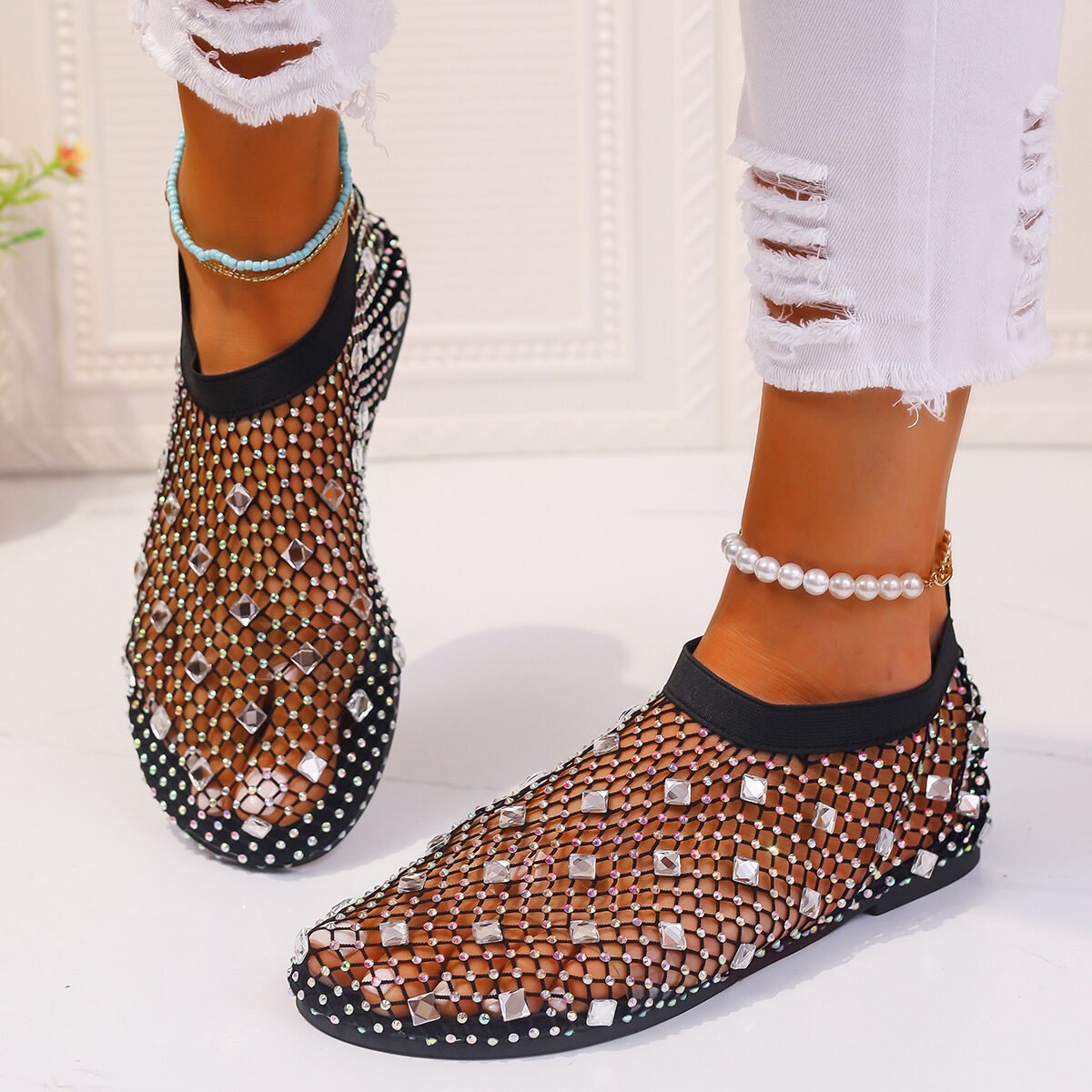 Fashion Mesh Flat Sandals With Colorful Rhinestone Design Summer New Round Toe Beach Shoes For Women - Image 5