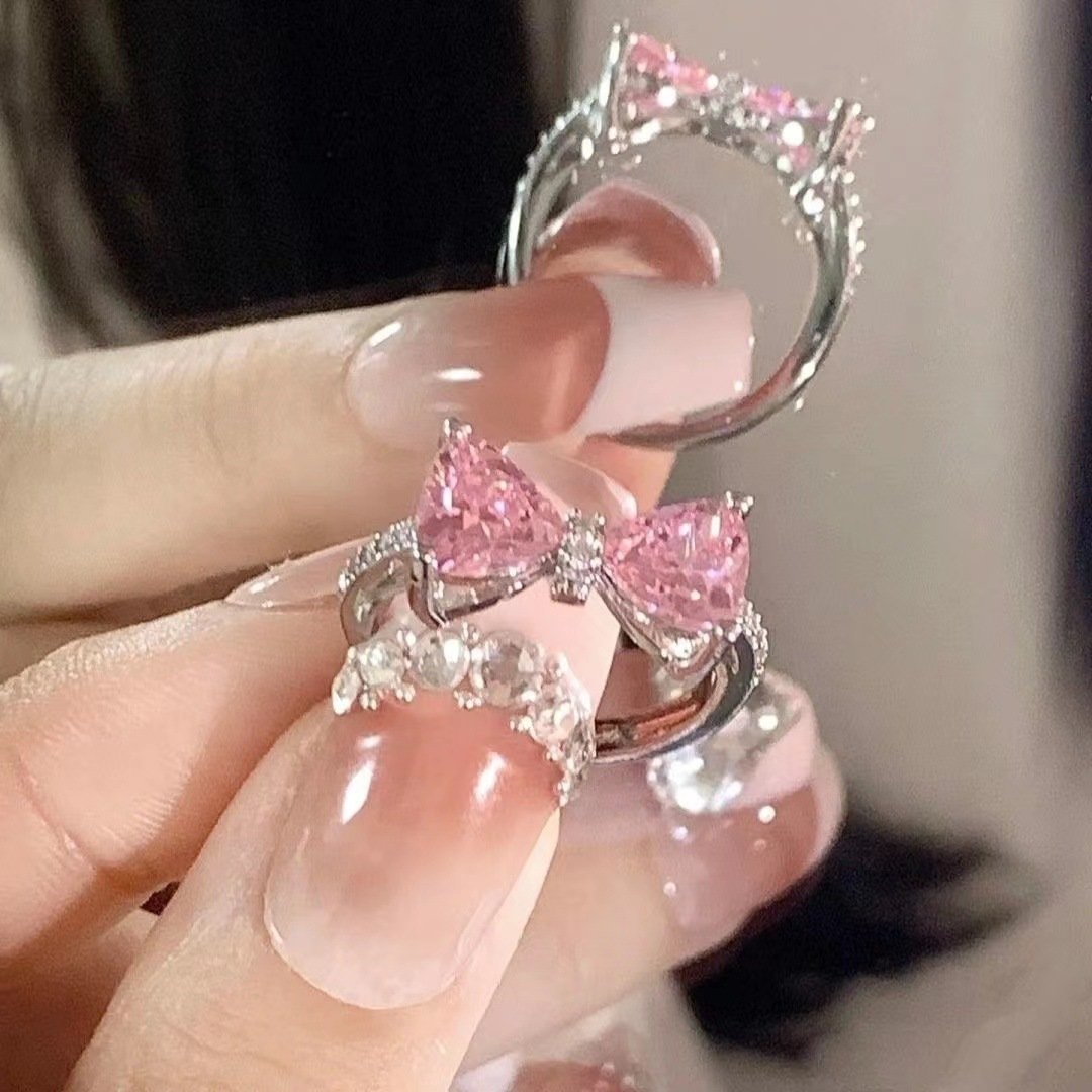 Princess's Castle Pink Bow Female Diamond Zircon French Girl Micro-inlaid Ring - Image 5