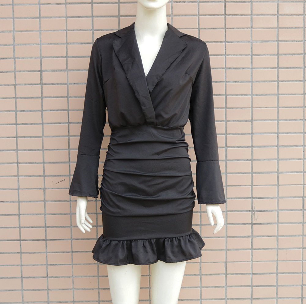 Women's lapel long sleeve bag hip dress - Image 2