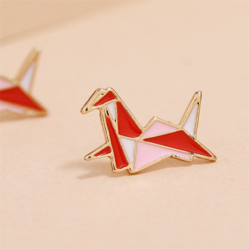 Cute Pink Paper Cranes And Crescent Asymmetric Earrings - Image 2