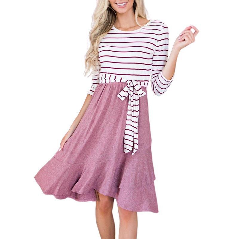 Striped Long-Sleeved Stitching Lace Casual Irregular Dress - Image 2