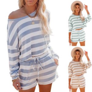 Women's Long Sleeve Top Shorts Striped Sweater Casual Two Piece Suit