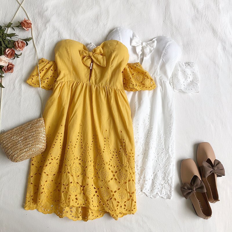 V-neck flared sleeve hollow lace dress