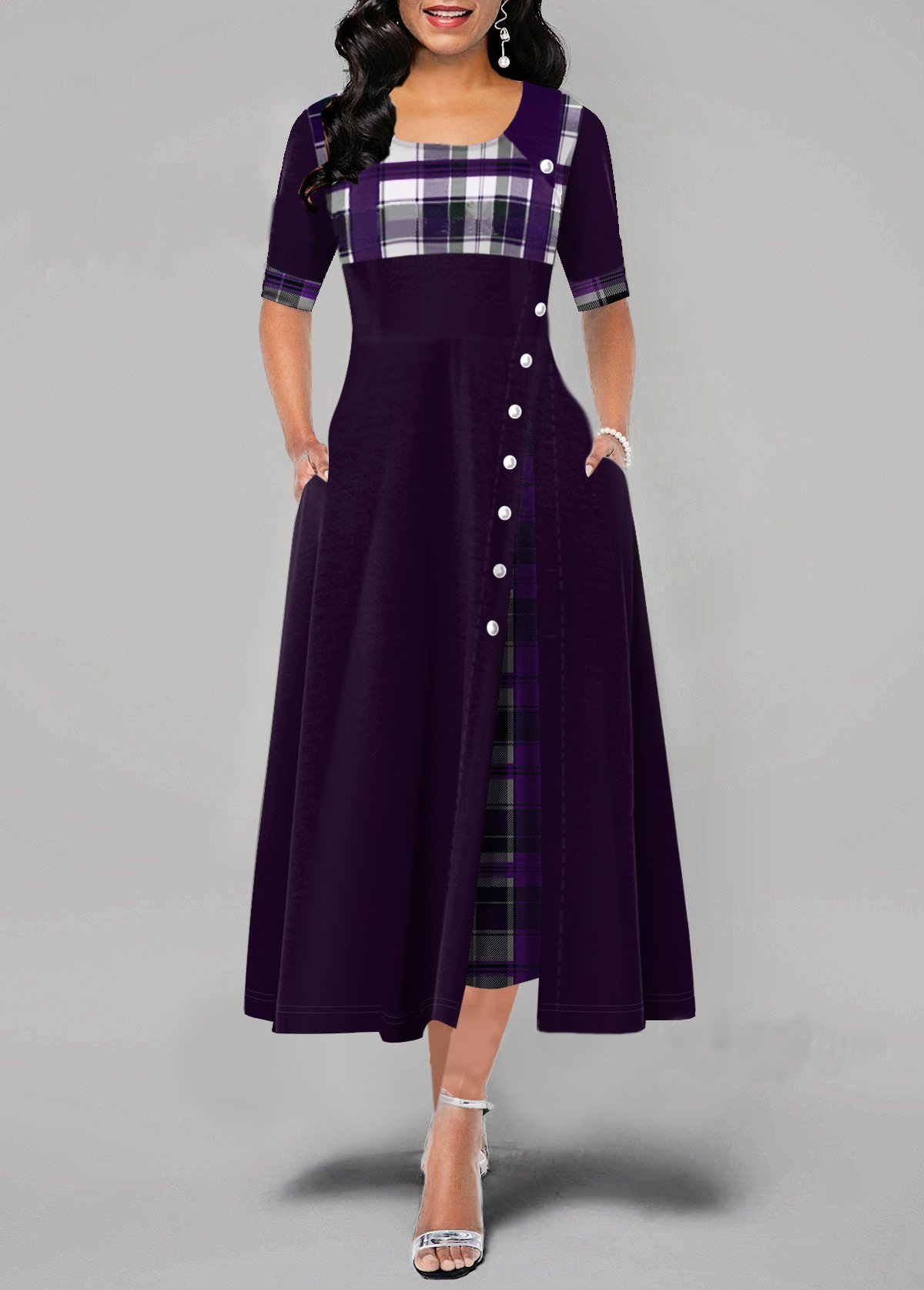 Women's Round Neck Contrast Mid Sleeve Irregular Long Dress - Image 2