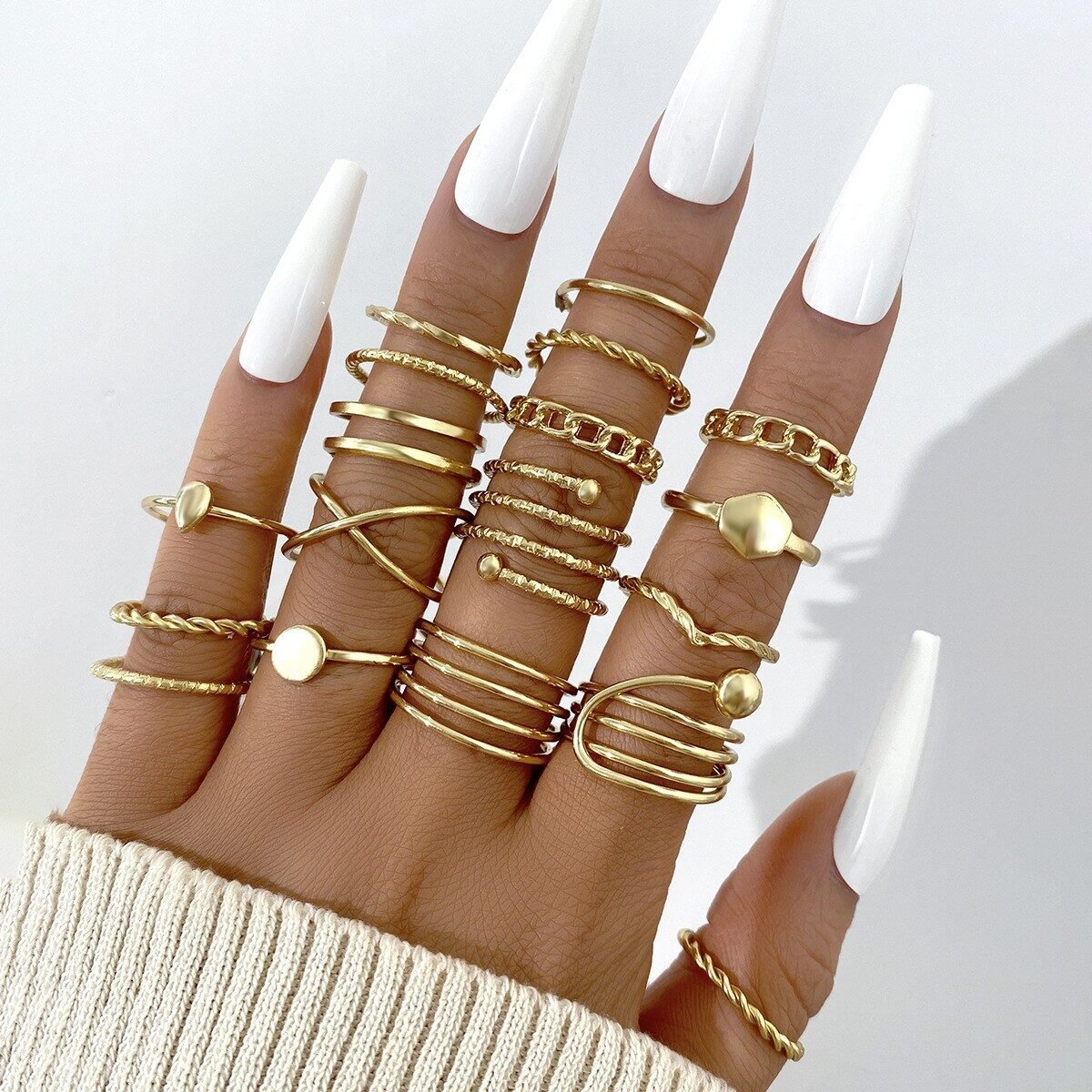 Hollow Heart Geometric Butterfly Leaf Ring Suit - Image 6