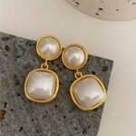 1 Pair Dangle Faux Pearl Geometric Inlaid Earrings, Minimalist & Classic Design, Elegant & Fashionable, Women's