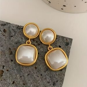 1 Pair Dangle Faux Pearl Geometric Inlaid Earrings, Minimalist & Classic Design, Elegant & Fashionable, Perfect For Women's Banquets & Parties