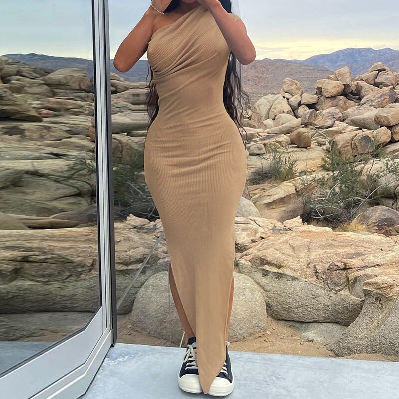 Women's Casual Pleated Slim Fit Slit Long Dress - Image 3