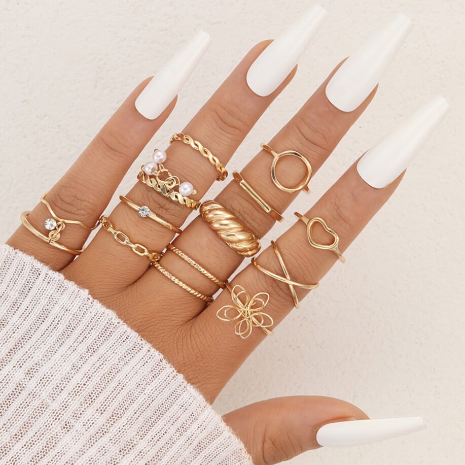 Hollow Heart Geometric Butterfly Leaf Ring Suit - Image 14