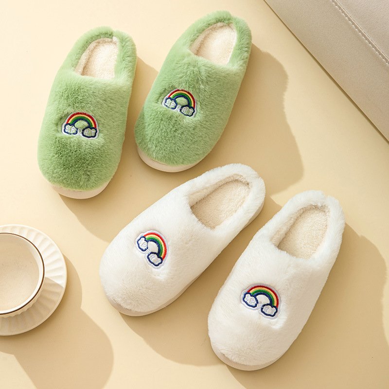 Kawaii Rainbow Embroidered Slippers Warm Slip On Plush Shoes Couple Indoor Home Slippers Winter - Image 6