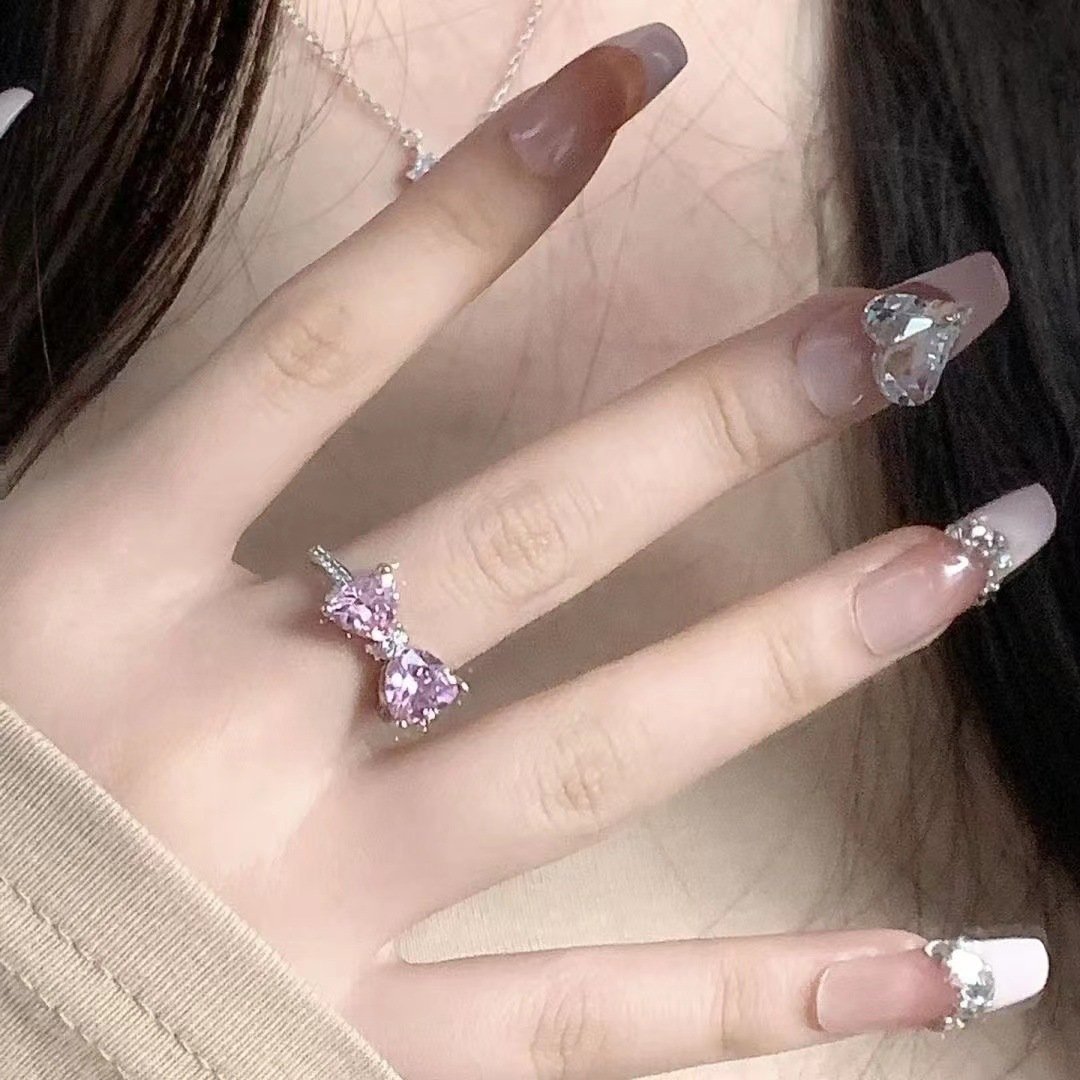 Princess's Castle Pink Bow Female Diamond Zircon French Girl Micro-inlaid Ring - Image 9