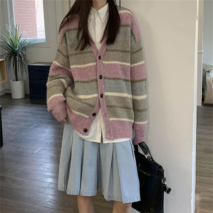 V-neck Japanese Lazy Style Retro Striped Sweater Coat Women - Image 3