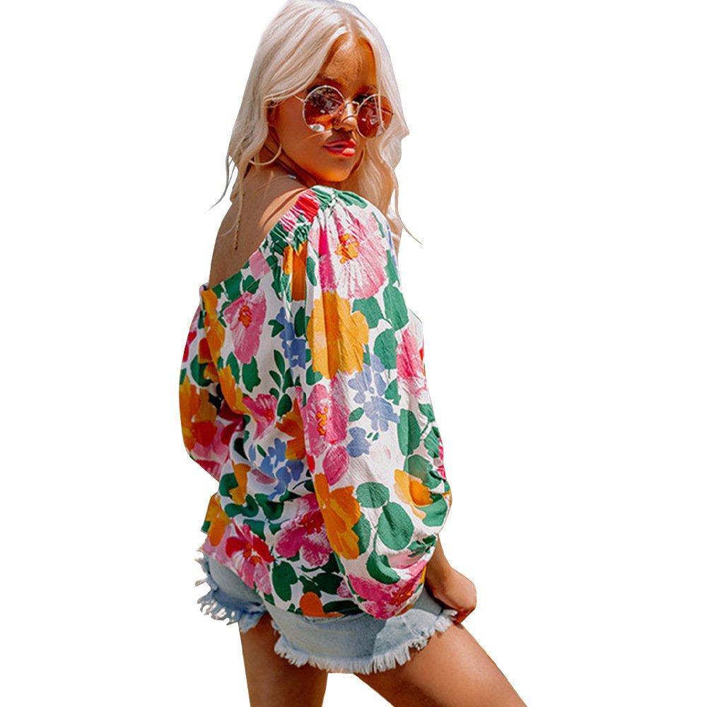 Women's Printed Slanted Shoulder Long Sleeve Loose Casual Top T-Shirt - Image 4