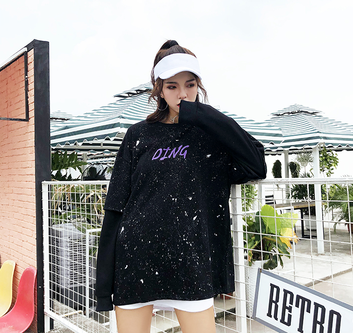 Autumn country tide high street dark black loose oversize round neck sweater men and women hip hop printed fake two-piece sweater - Image 2