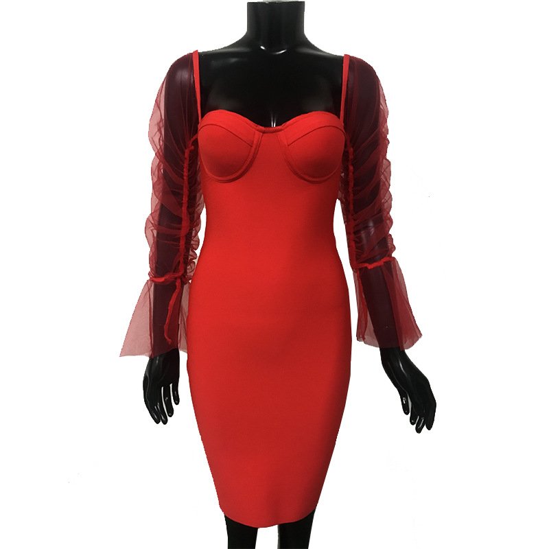 Women's v-neck mesh bag hip dress - Image 4
