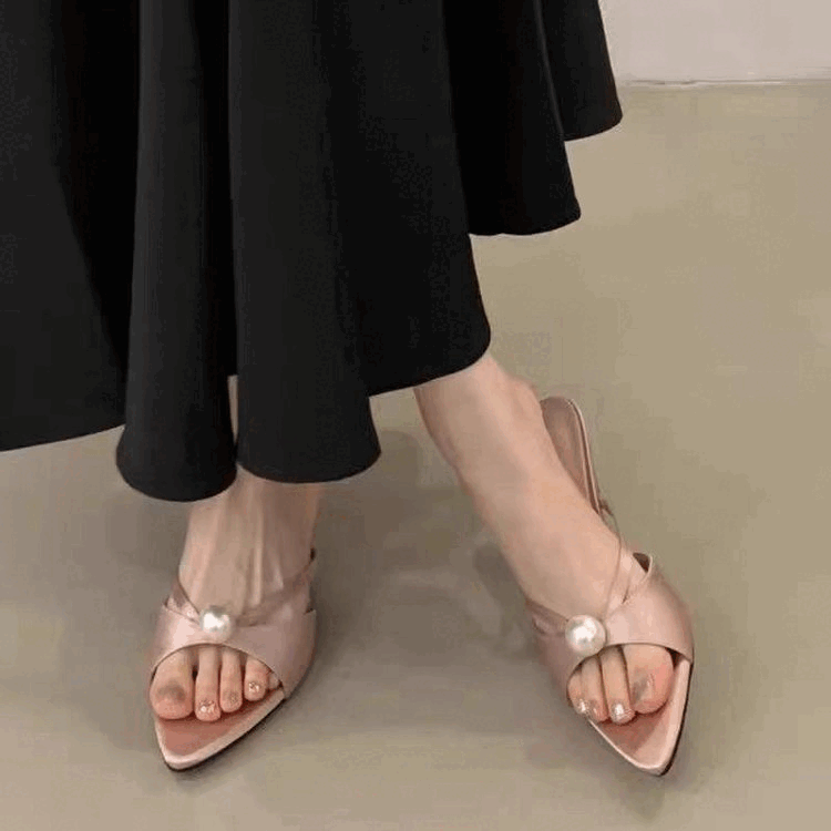 Women's French Style Pearl Embellished Pointed Toe High Heel Mules, Thin Heel Slip-On Slides, New Spring & Summer 2025 Collection, Elegant Daily Wear - Image 4