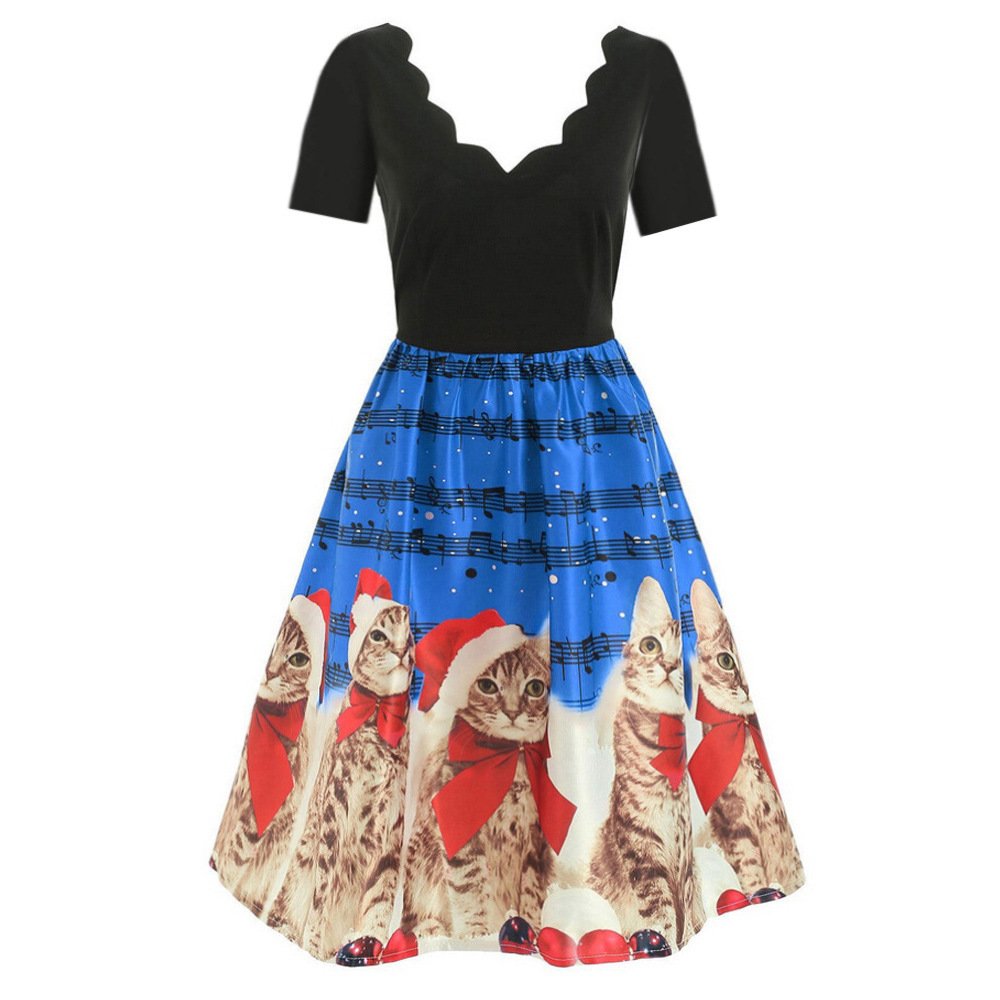 Hepburn style wave V-neck short sleeve printed dress - Image 2