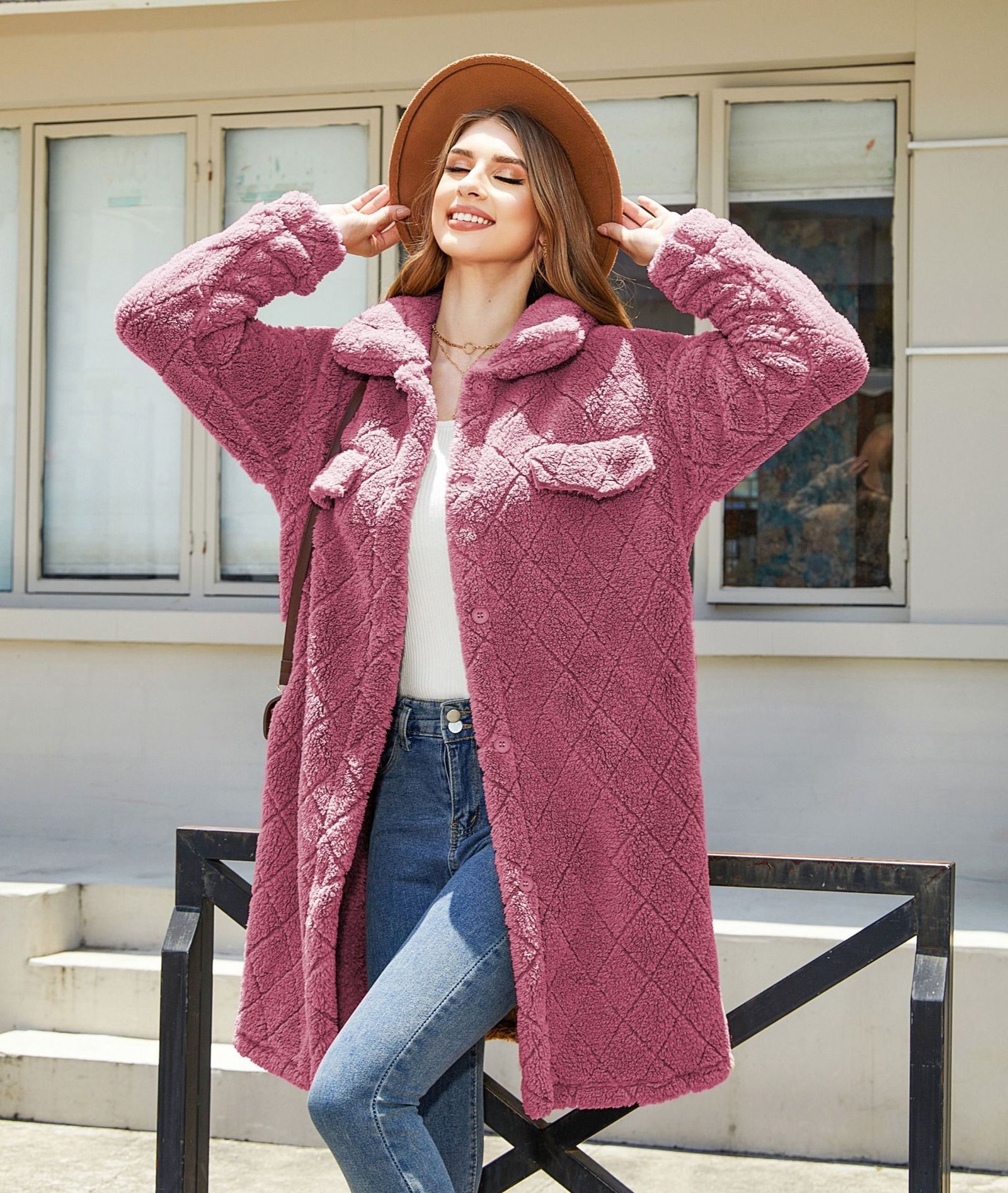 Women's Plush Loose Single-breasted Diamond Coat Overcoat - Image 4
