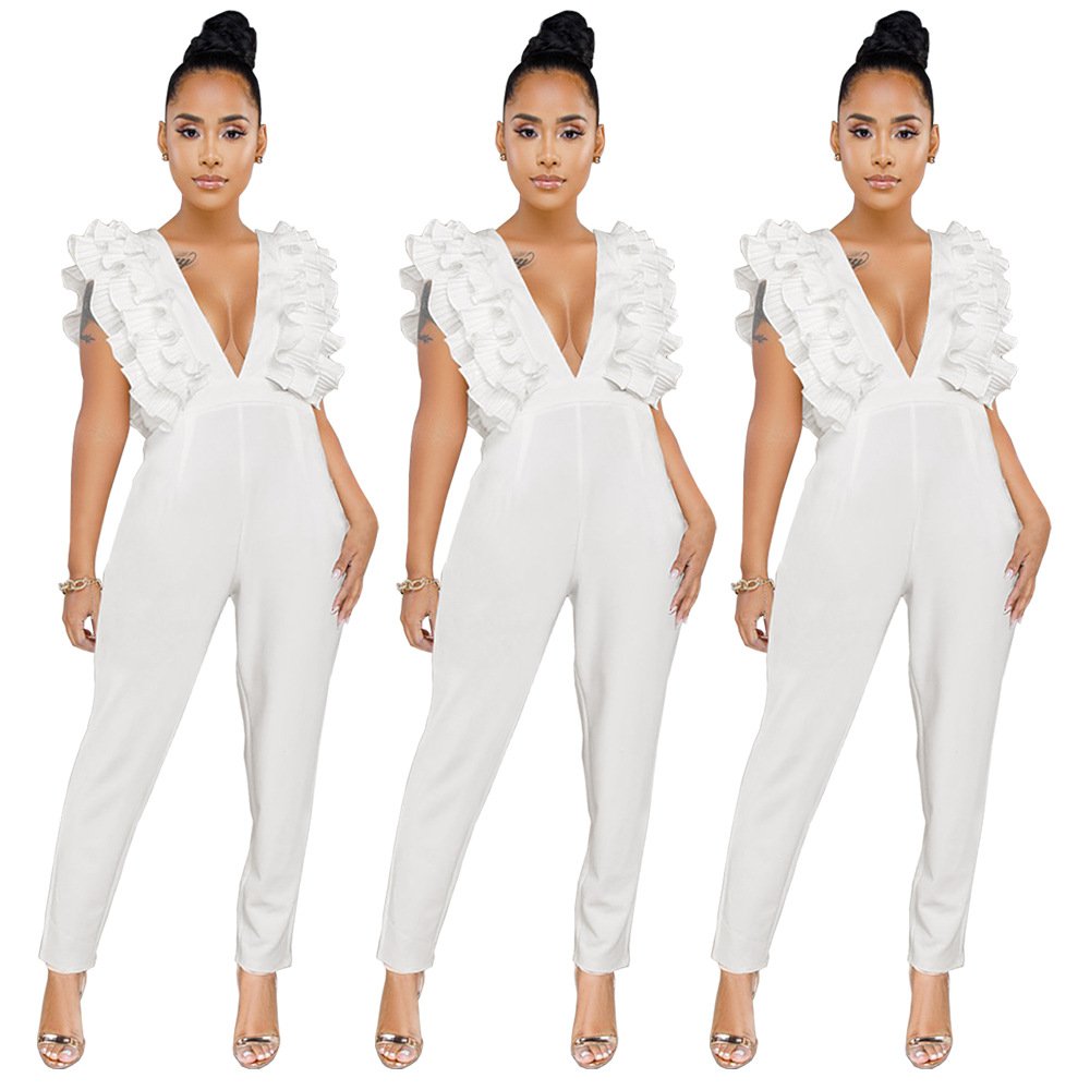 Deep V-neck solid color jumpsuit - Image 3